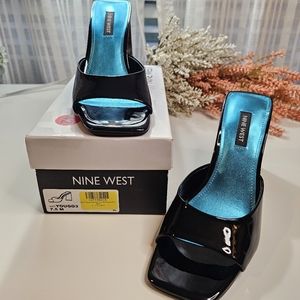 Nine West Black Patent Heeled Slide Sandals/Mules, Size 7.5, New